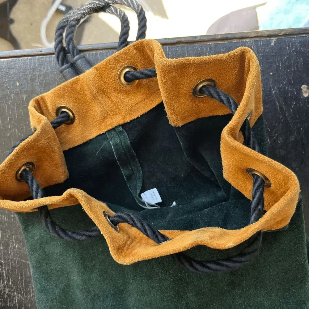 VTG Forest Green Suede Leather Drawstring Backpack USA Boho Minimalist - Picture 9 of 12